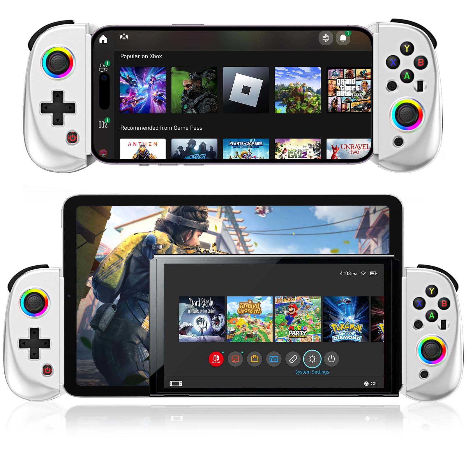 arVin Mobile Gaming Controller for iPad/Tablet[Within 5-10"] Wireless Gamepad for iPhone/Android/PC/Switch/PS4, with RGB Hall Effect Joystick/Turbo/6-Axis Gyro/Vibration/Support Streaming/Cloud Gaming