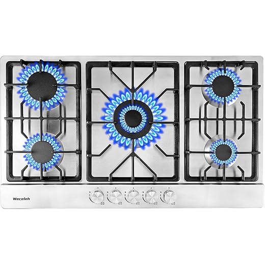 34 inch Gas Cooktop 5 Burners Built-in Gas Stove Top, Stainless Steel Stove with LPG/NG Dual Fuel,Auto Ignition,Thermocouple Protection,Heavy Duty Cast Iron,Stainless Steel, 120V