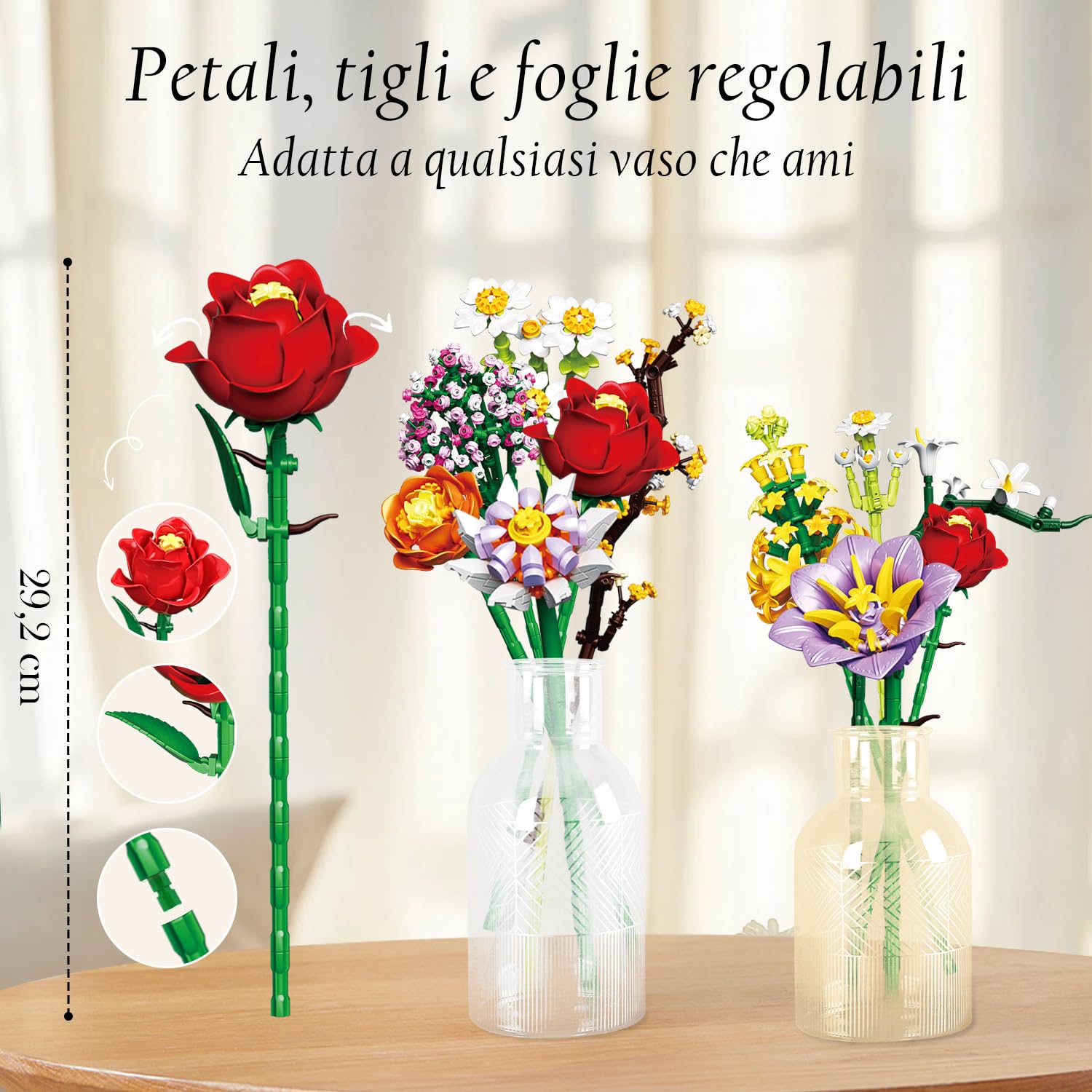 Set di Costruzione di Bouquet di Fiori con Vaso 2 in 1, Set di Bouquet di Fiori Artificiali per Adulti e Donne, Compatibile con Lego la Collezione Botanical di Bouquet di Fiori, 1458 Pezzi