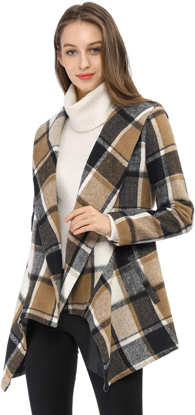 Allegra K Women's Turn Down Collar Asymmetric Hem Thin Plaids Wrap Coat - Image 6