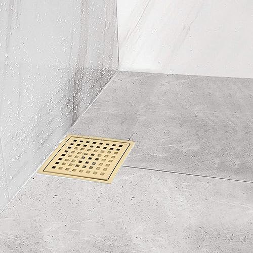 Miniatura 7 de YANCASENO Drenaje cuadrado de 6 pulgadas con brida, rejilla de patrón cuadrato extraíble, acero inoxidable SUS 304 de grado alimenticio, oro