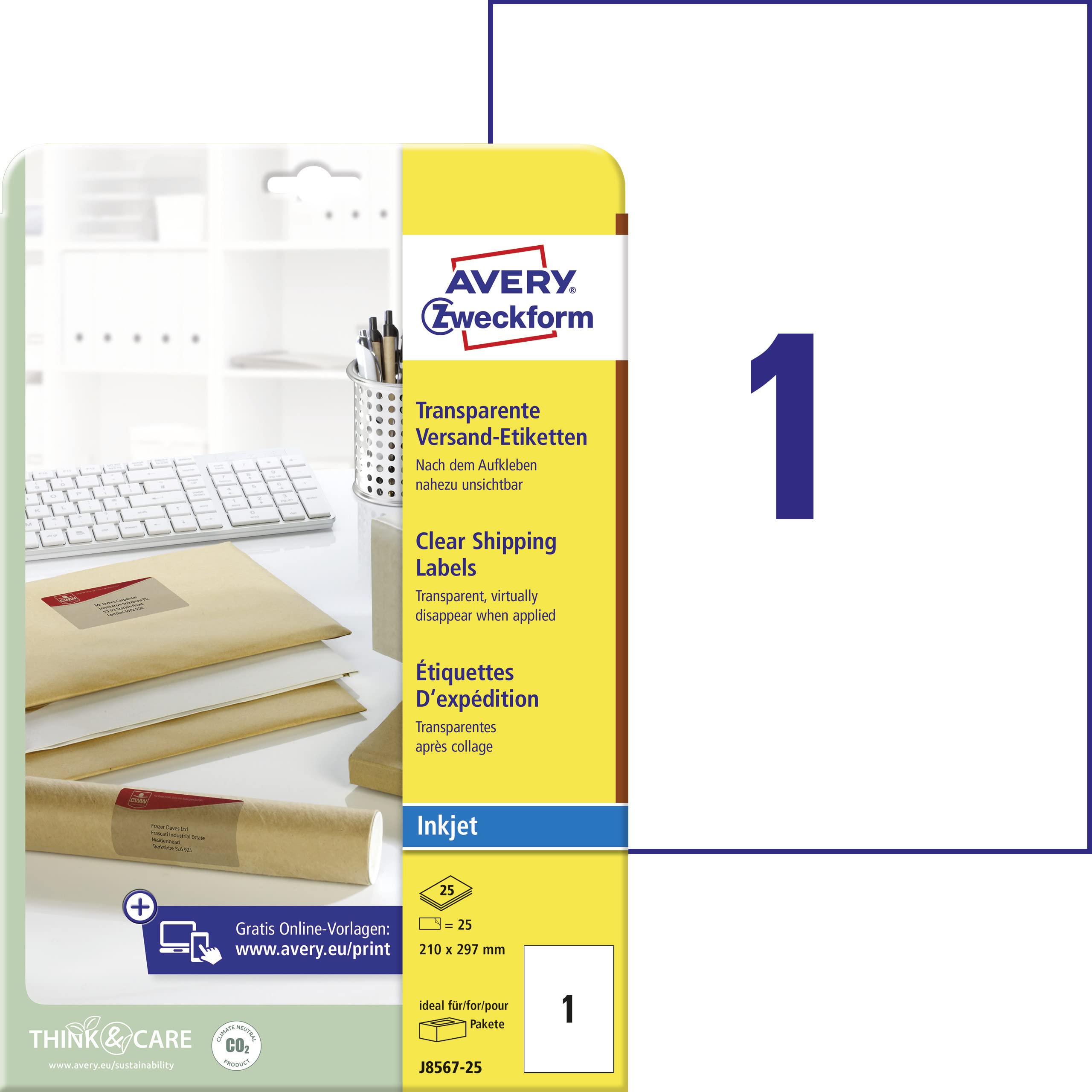 AVERY Zweckform J8567-25 Versandetiketten/Versandaufkleber (25 Etiketten, 210x297mm auf A4, bedruckbar, selbstklebend, für Inkjet-Drucker, für Pakete und Päckchen) 25 Blatt, transparent