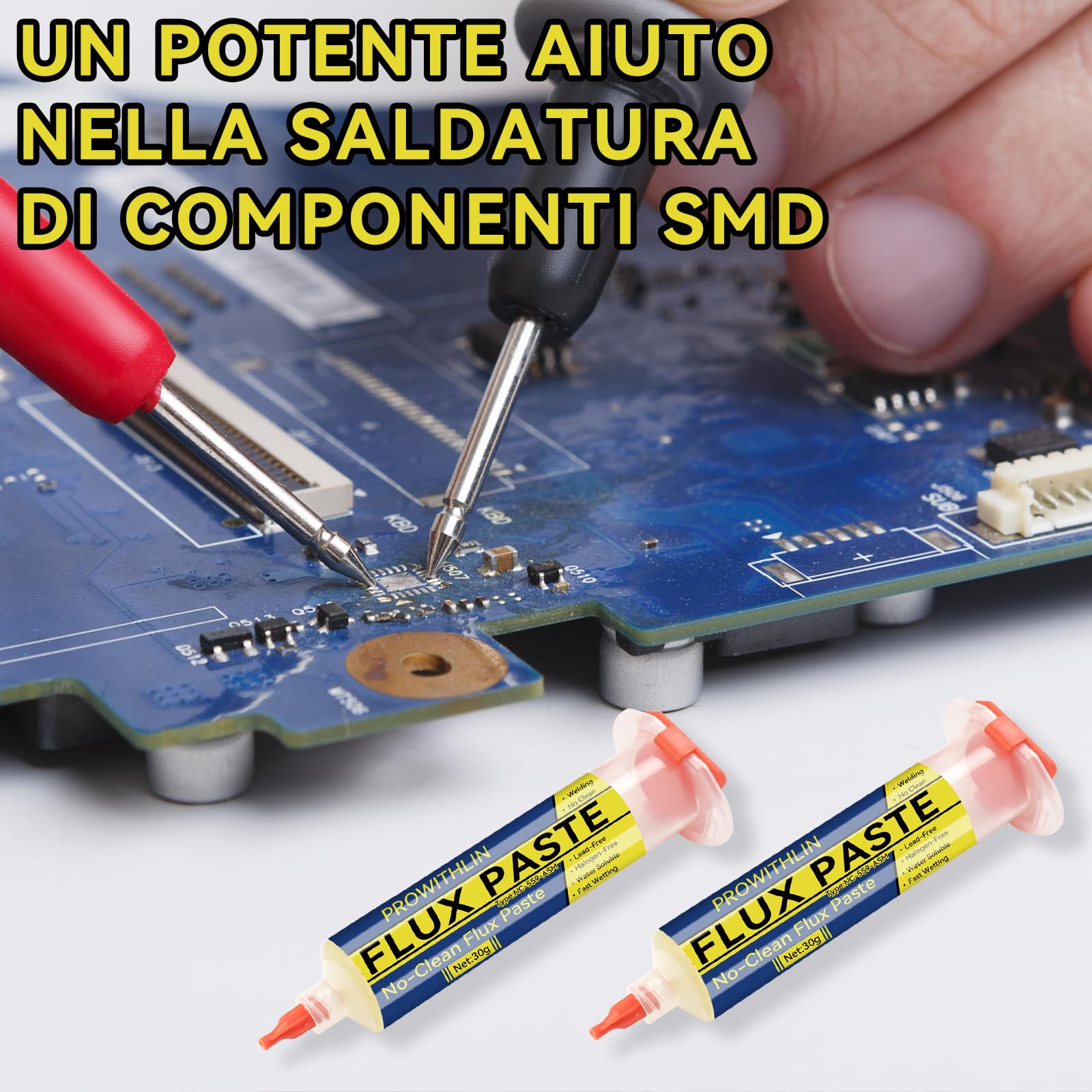 prowtihlin Stagno per Saldare 60ml, 2 Pezzi Paste per saldatura con 2 Aghi, 1 Spingitore & 1 Siringa - 60g Flussante per Saldatura a Stagno, ecc - Ideale per Saldatura a Stagno e Riparazioni BGA/PCB