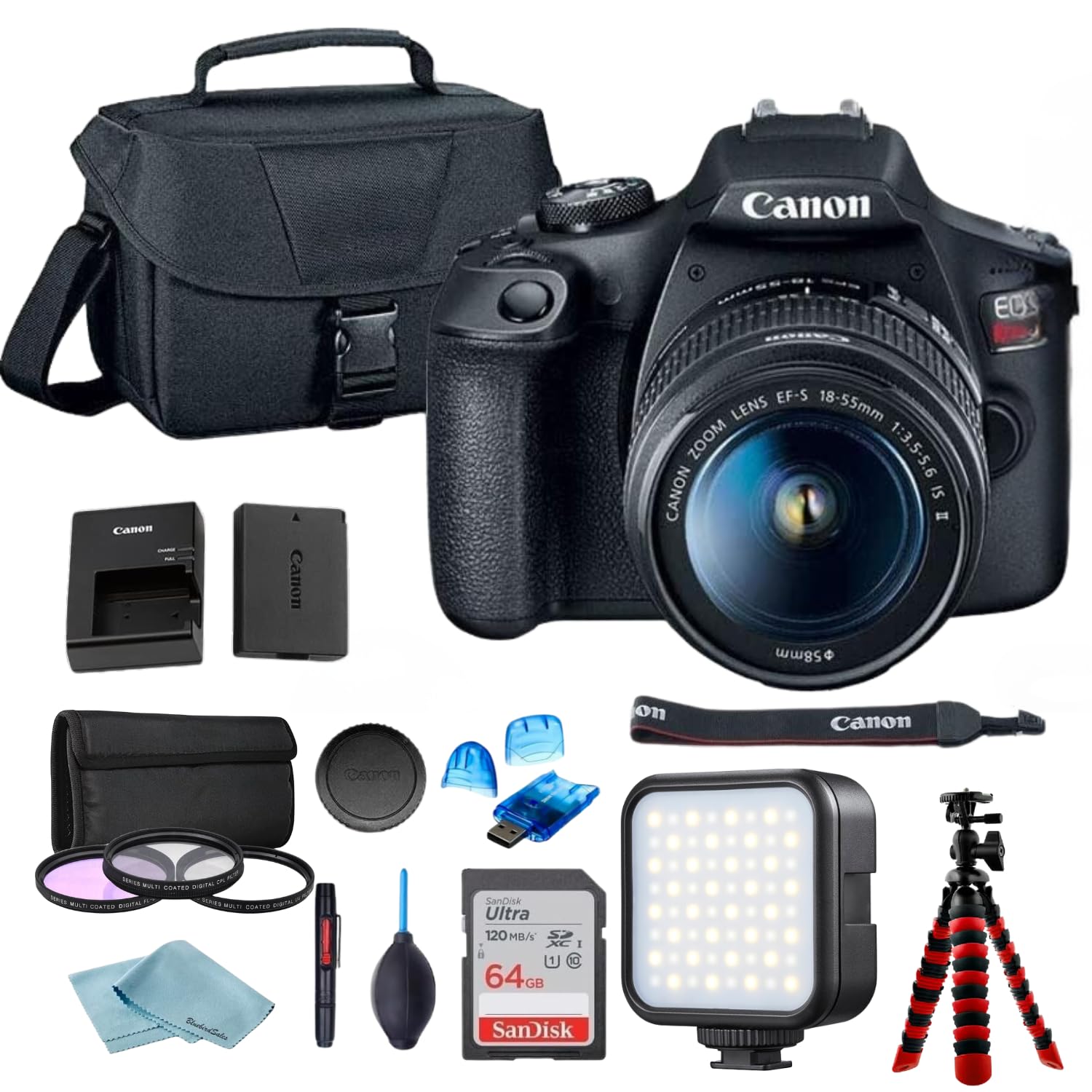 Canon EOS Rebel T7 DSLR Camera w/Canon EF-S 18-55mm F/3.5-5.6 Zoom Lens + Case + Sandisk 64GB Memory Card + 3pc Filter Kit + Card Reader +
