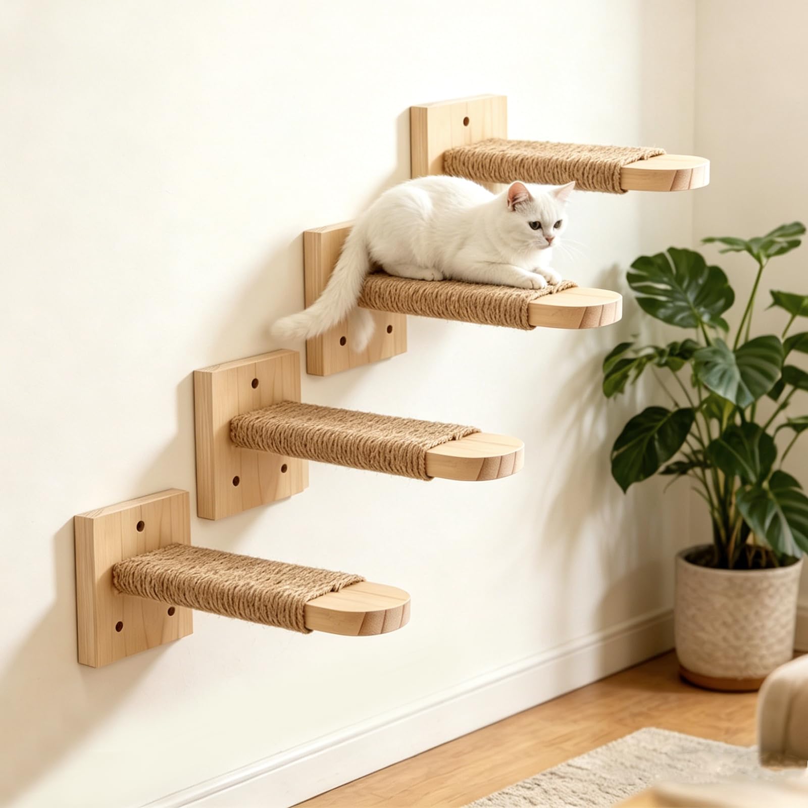 4 Stück Katzentreppe Wand, Kletterstufe 20CM, DIY Kletterwand Katzen, Katzenleiter Katzenbretter, Katzenleiter mit Juteseil, Katzentreppe Kletterwand für Katzenkletterspaß