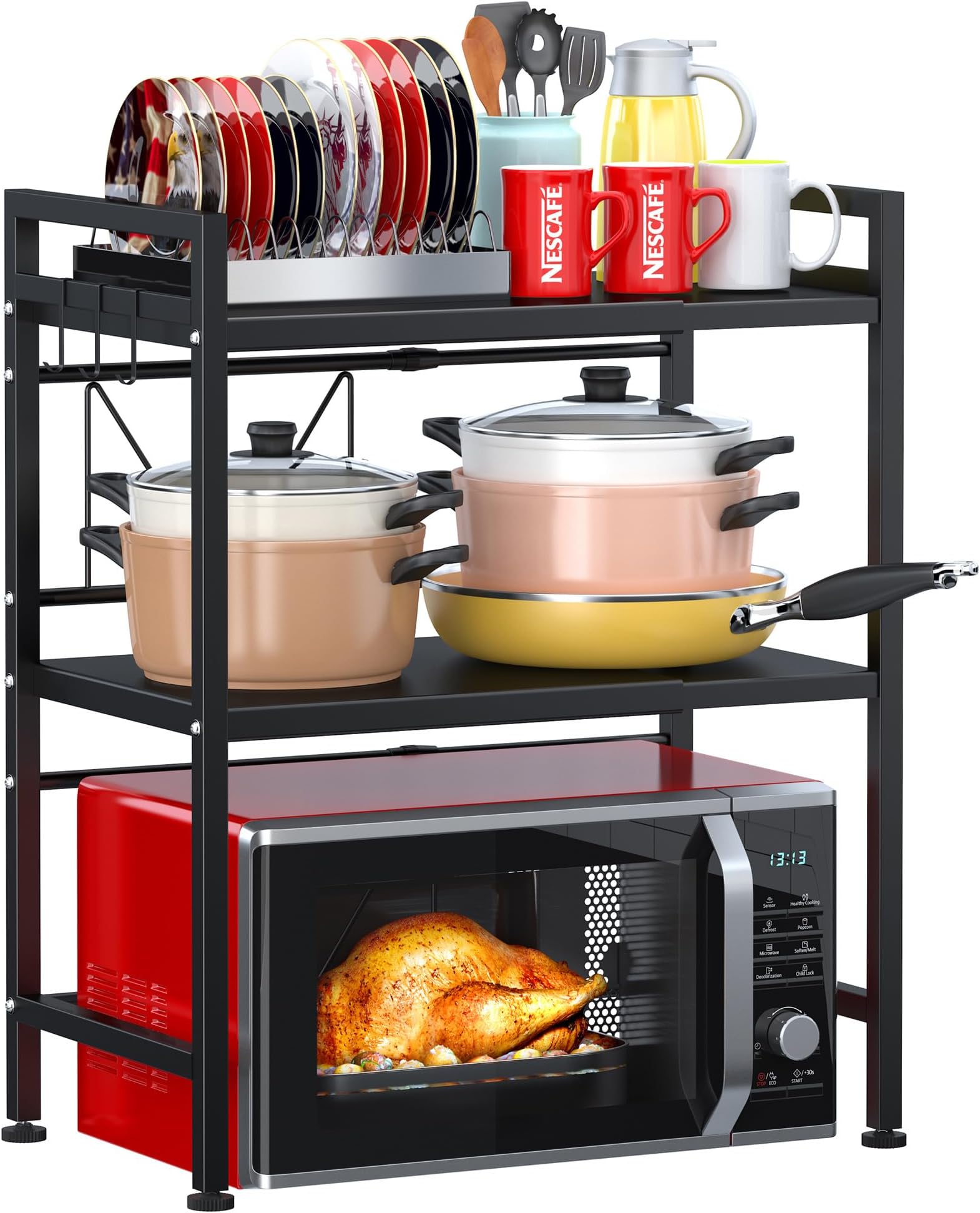 PUSDON Microwave Oven Rack, Adjustable Heavy Duty 3-Tier Shelf with 3 Hooks for Kitchen Counter Top Organizer, Holds 160lbs, Black