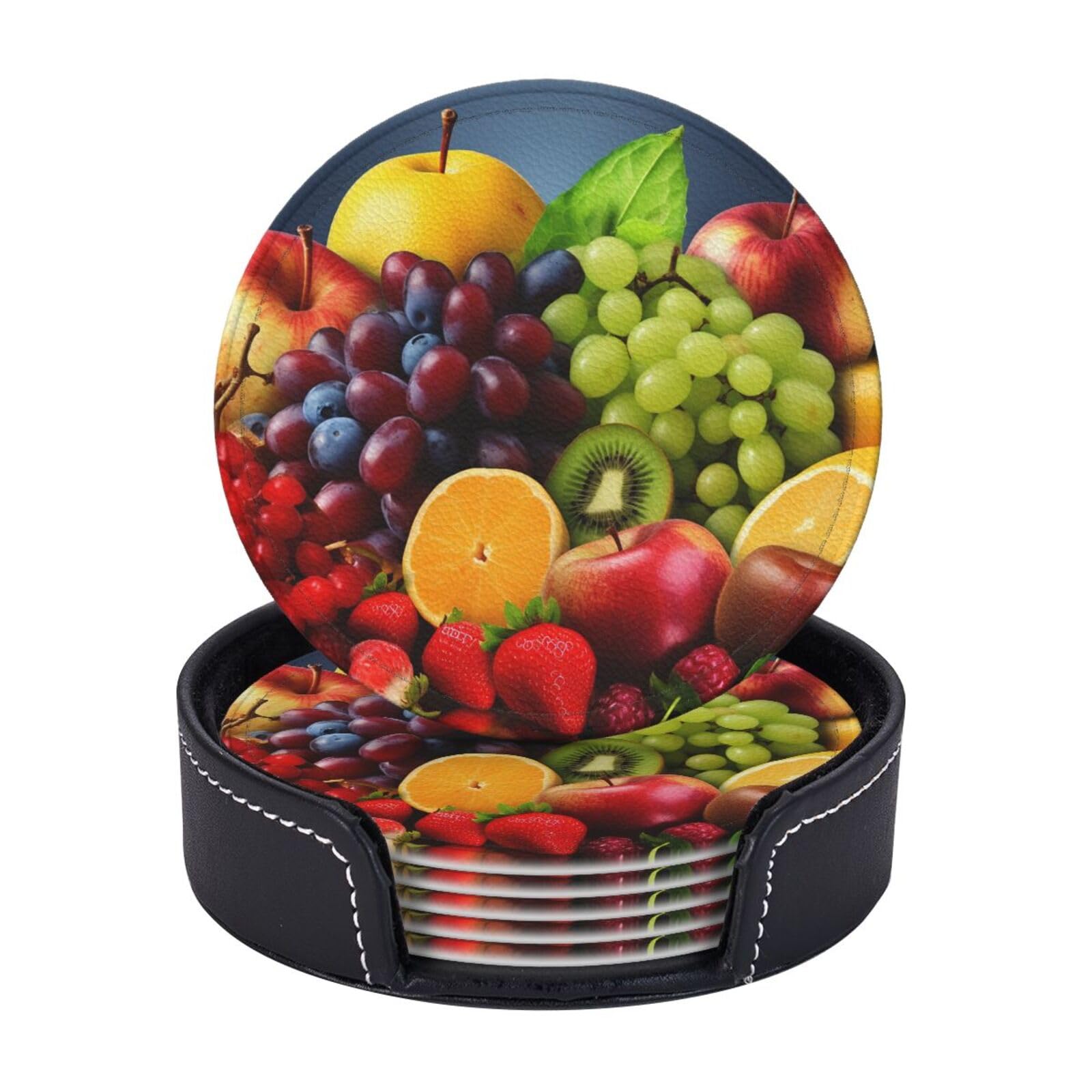 Round Coasters for Drinks Set of 6 - PU Leather Coasters with Holder - Modern Drink Coasters for Coffee Table - Fruits Coaster for Tabletop Protection 4" Cup Mat Pad