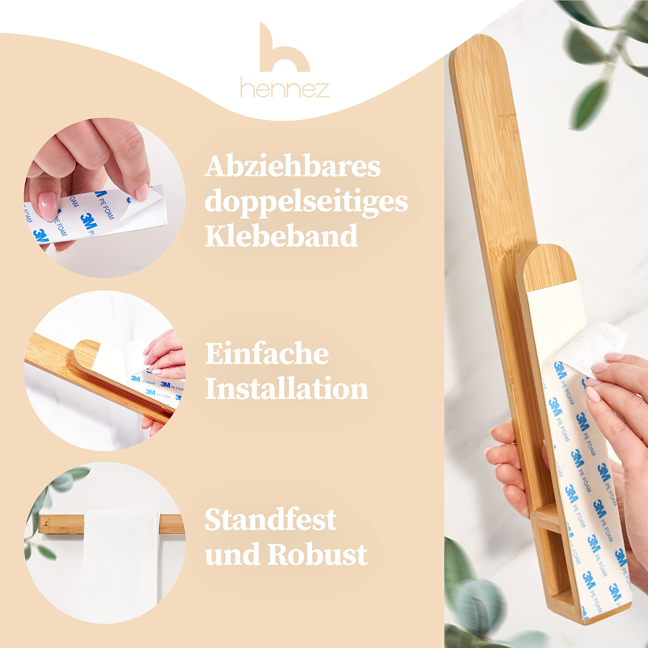 Porte-Serviettes Mural En Bambou – Sans Perçage, Autocollant, Pour Salle De Bain Ou WC