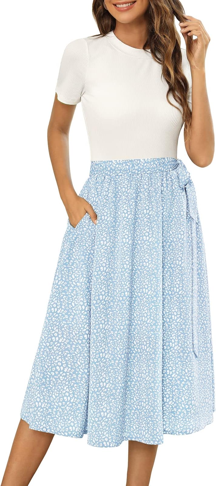 Zattcas Women 2026 Summer Dress Short Sleeve Ribbed Teacher Church Modest Business Casual Work Outfits Midi Dress