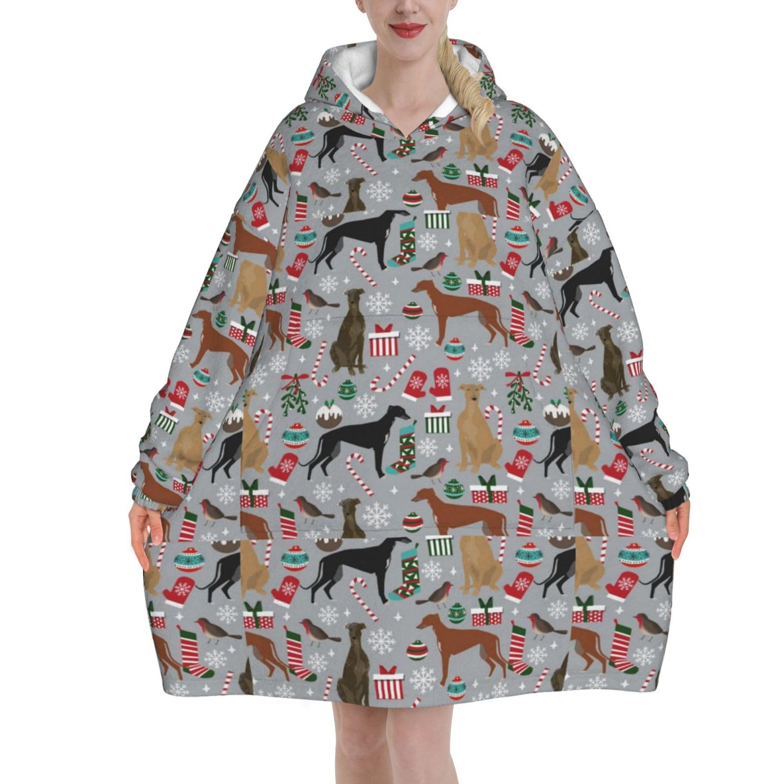 Peiyeety Unisex As Pic Sweatshirt Blanket,Flannel Pullover,Women's Wearable Blanket Hoodie, Greyhound Dogs Christmas Dog Cute Xmas Dog