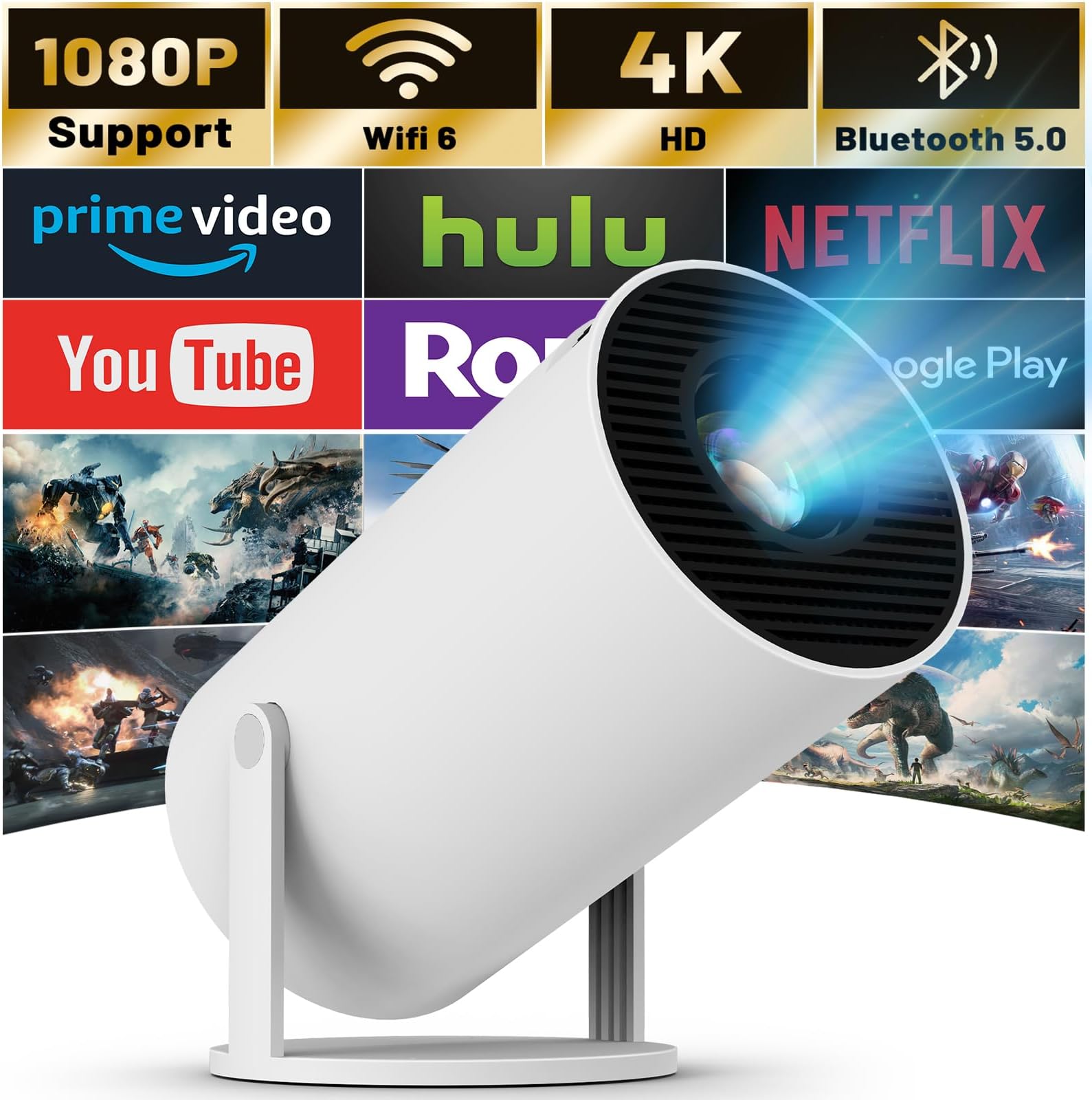 Portable Mini Projector, 4K 1080P Full HD Projector, Support Video Projector, WiFi 5G BT 5.0, Cinema Projector 180° Can Be Rotated, Android 11, Compatible with TV Stick/Windows/iOS/Android (White)