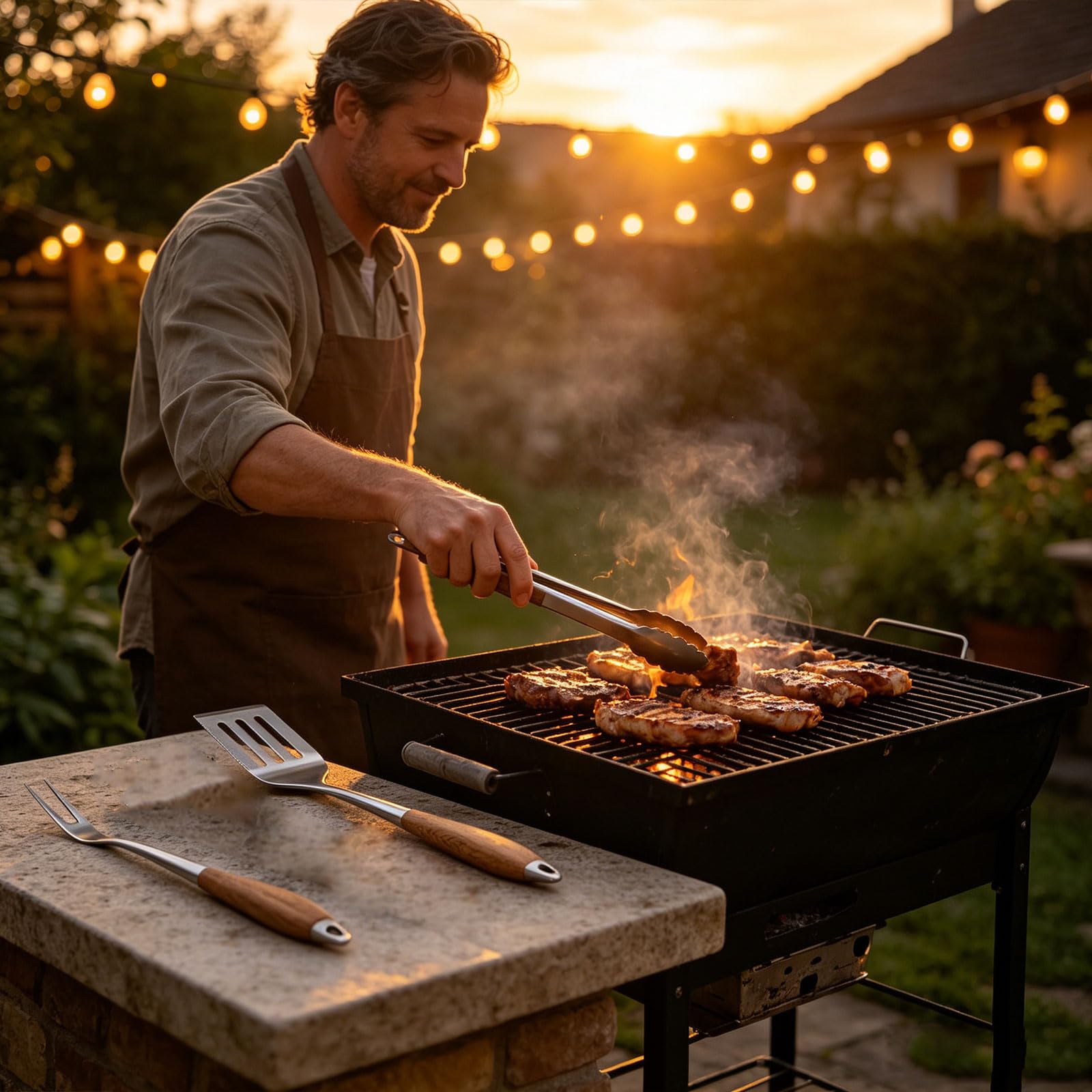 Barbecue Grillbesteck Set, Grillbesteck aus Edelstahl mit Holzgriffen, Kochbesteck mit langem Grillen Freien, Grillbesteck Set aus Edelstahl, Grillbesteck aus Holz