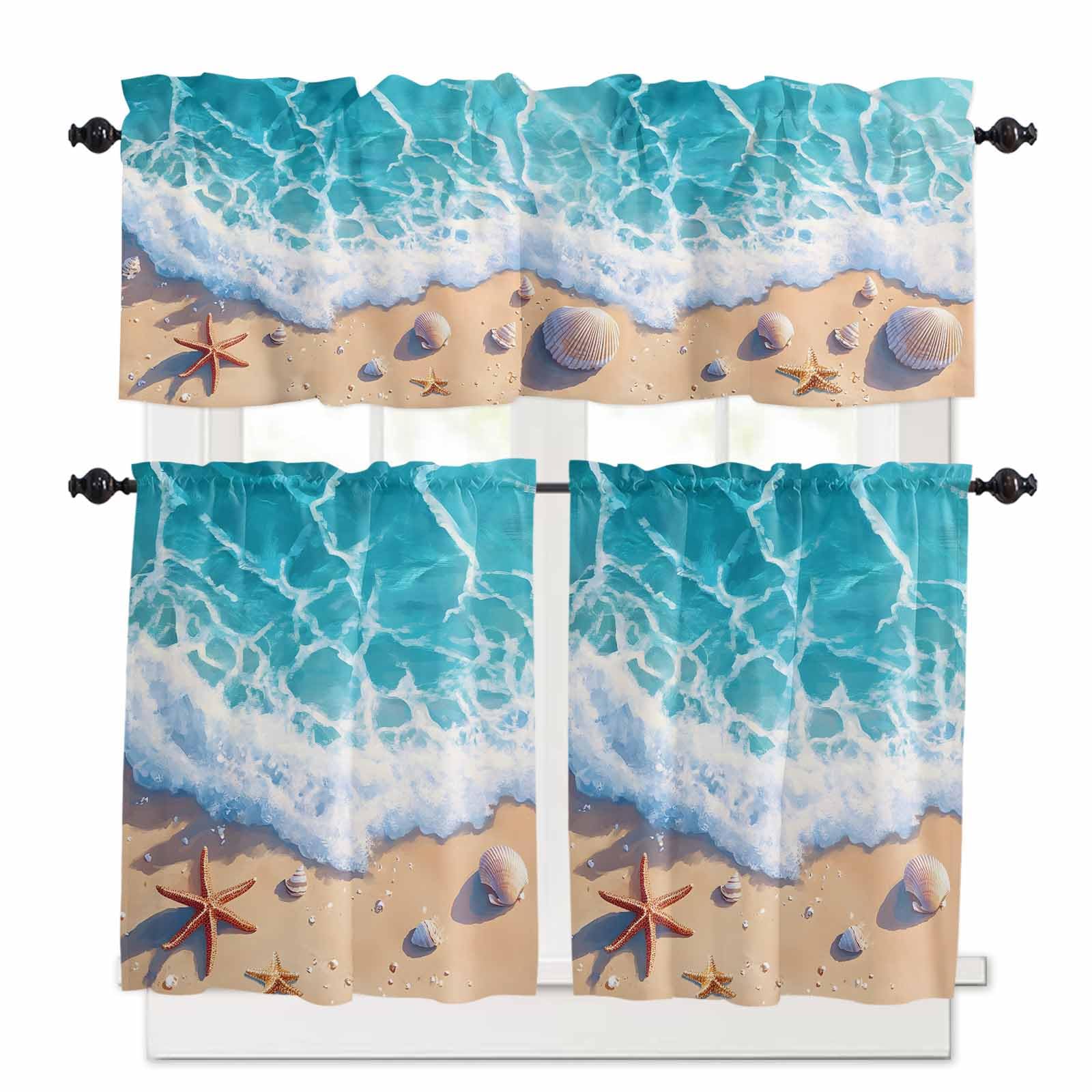 Ocean Beach Kitchen Curtains 24 Inch Length,3 Piece Rod Pocket Small Half Tiers and Valance Set,Coastal Nautical Starfish Shells Sea Waves Small Large Window Treatment Decor for Bedroom/Bathroom Sink