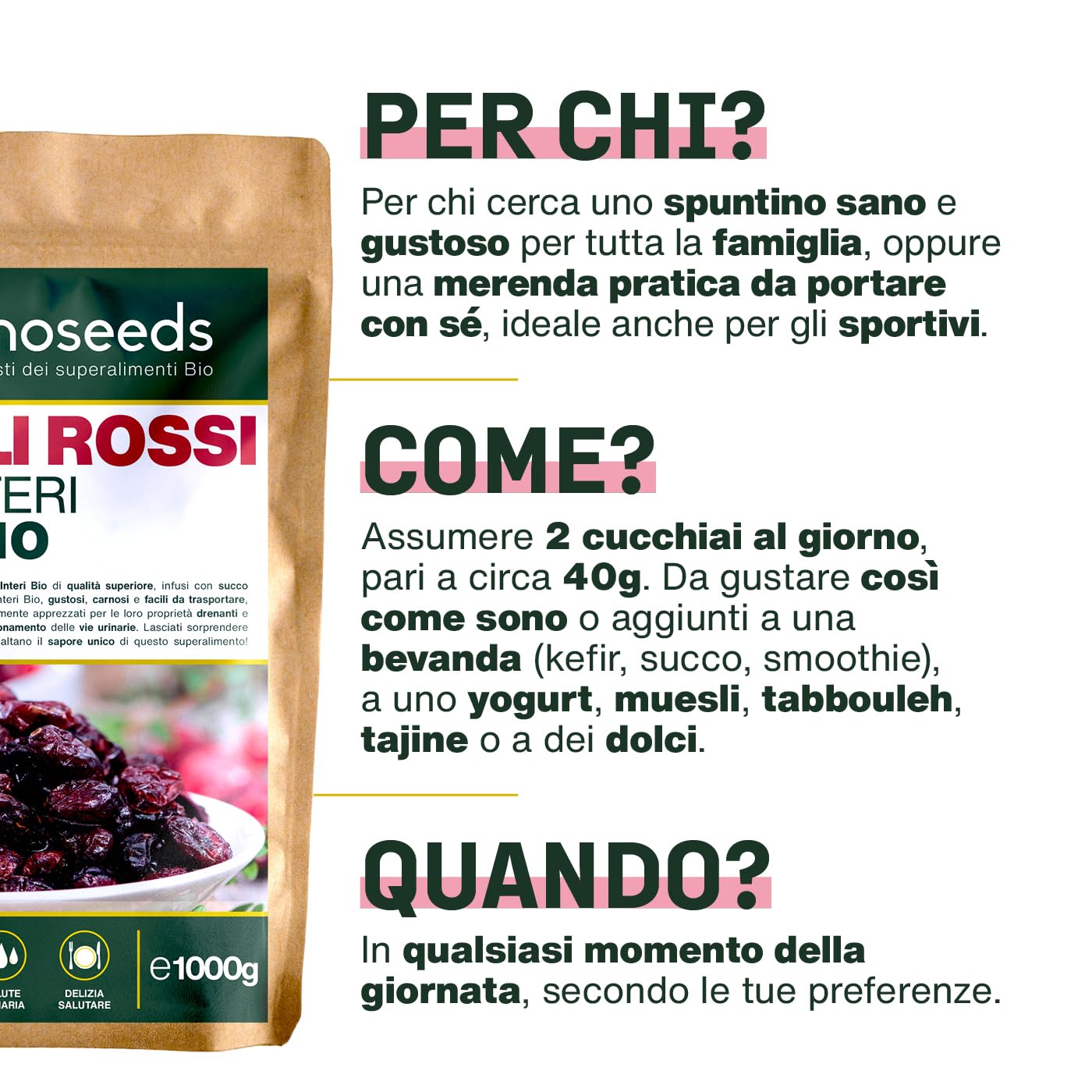 Mirtilli Rossi Interi BIO 1KG | Disidratati, Senza Zucchero, Infusi con Succo di Mela Bio | Vie Urinarie, Gustosi | Qualità Superiore