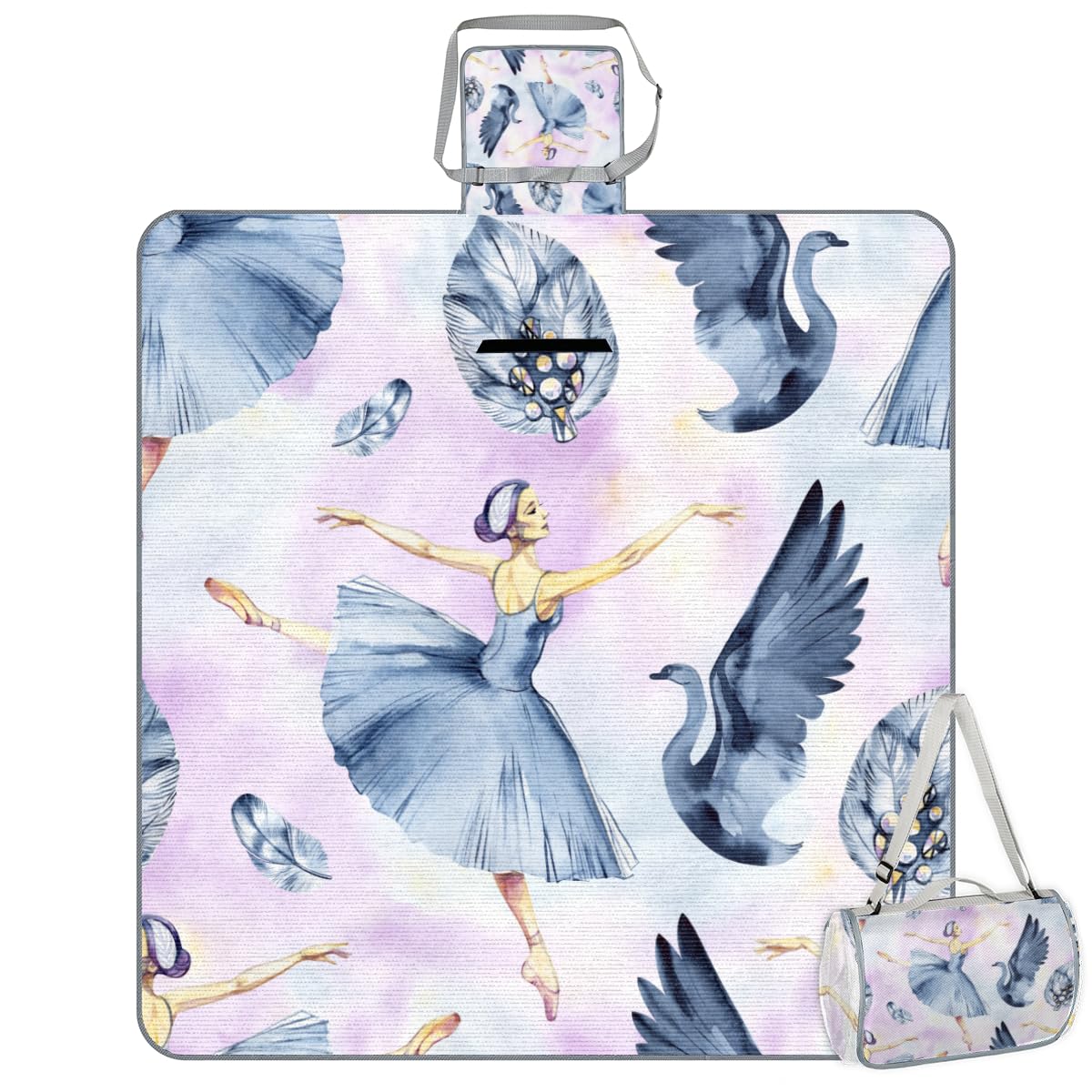Shimoshe Picnic Blankets 57”x 59”, Ballet Girl Swan Waterproof Sandproof Picnic Mat Lightweight Foldable Beach Blanket for Camping Park Grass Beach Outdoor Blanket