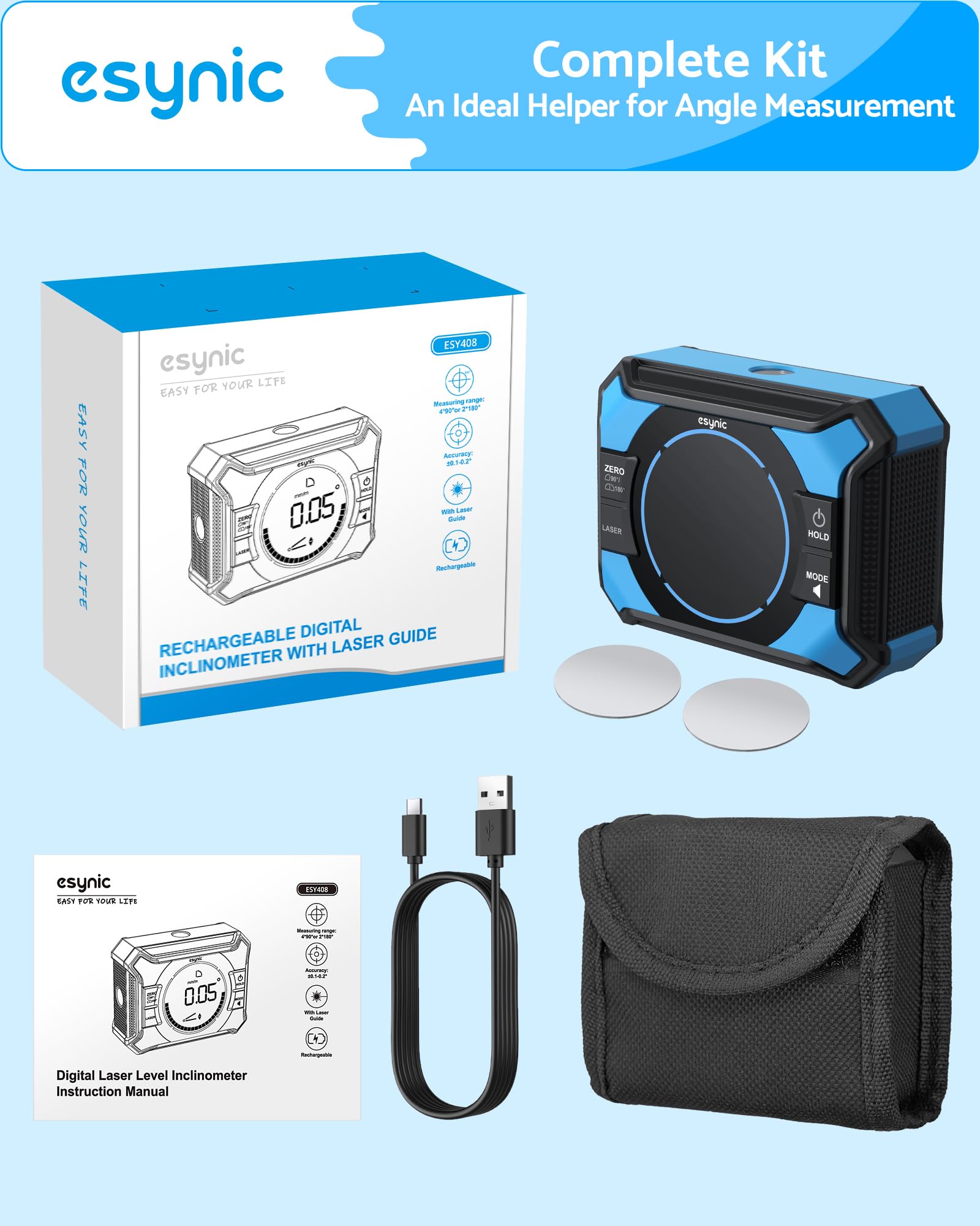 eSynic Inclinómetro Digital 3 en 1 con Láser, Transportador de Ángulos Magnético Recargable por USB-C, Precisión ±0.1°, Pantalla LED, 4×90°/2×180°, para Cuadros, Azulejos y Carpintería