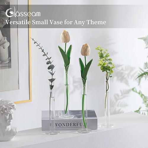 Miniatura 4 de Glasseam Jarrón de cristal para centros de mesa, juego de 4 jarrones de flores pequeños, centros de mesa cilíndricos transparentes de una sola rosa,