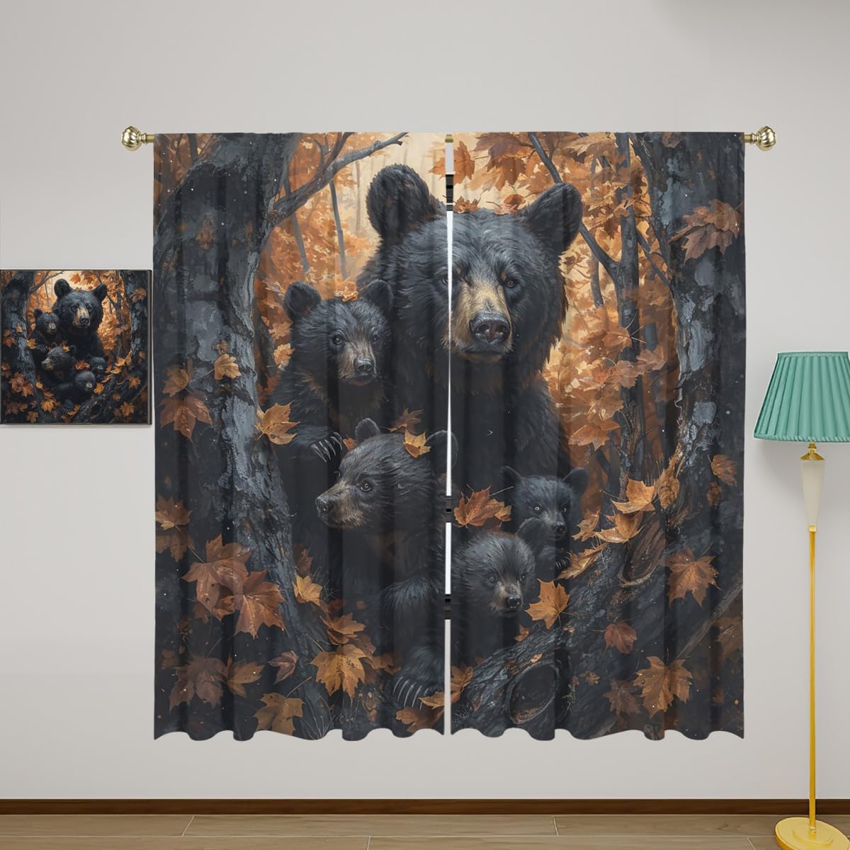 Retro Bear Blackout Curtains for Girls Boy Home Decor, Vintage Cottages Animal Country Leaves Rod Pocket Thermal Insulated Drapes Darkening Window Curtain for Bedroom Living Room, 42 x 45 Inch