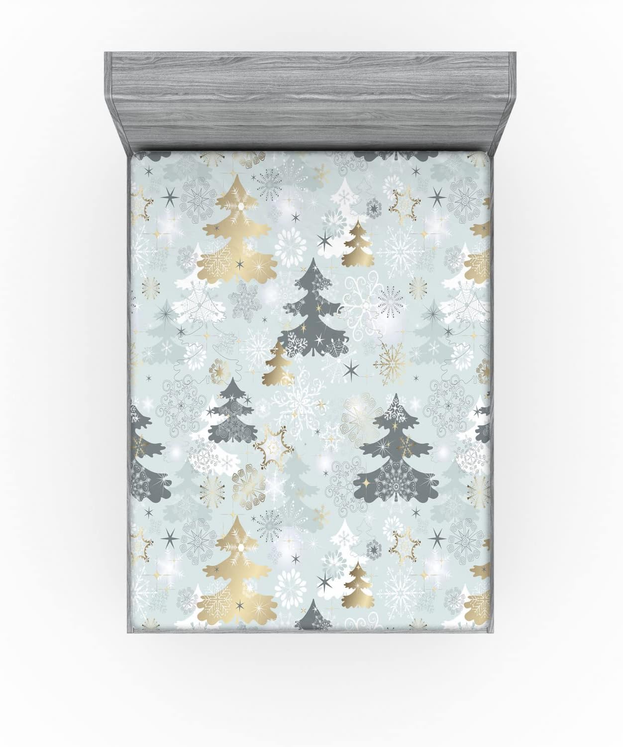 Ambesonne Christmas Fitted Sheet, Retro Style Pine Over Snowflake Background in Pastel Tones Print, Soft Decorative Fabric Bedding All-Round Elastic Pocket, Queen Size, Green Yellow