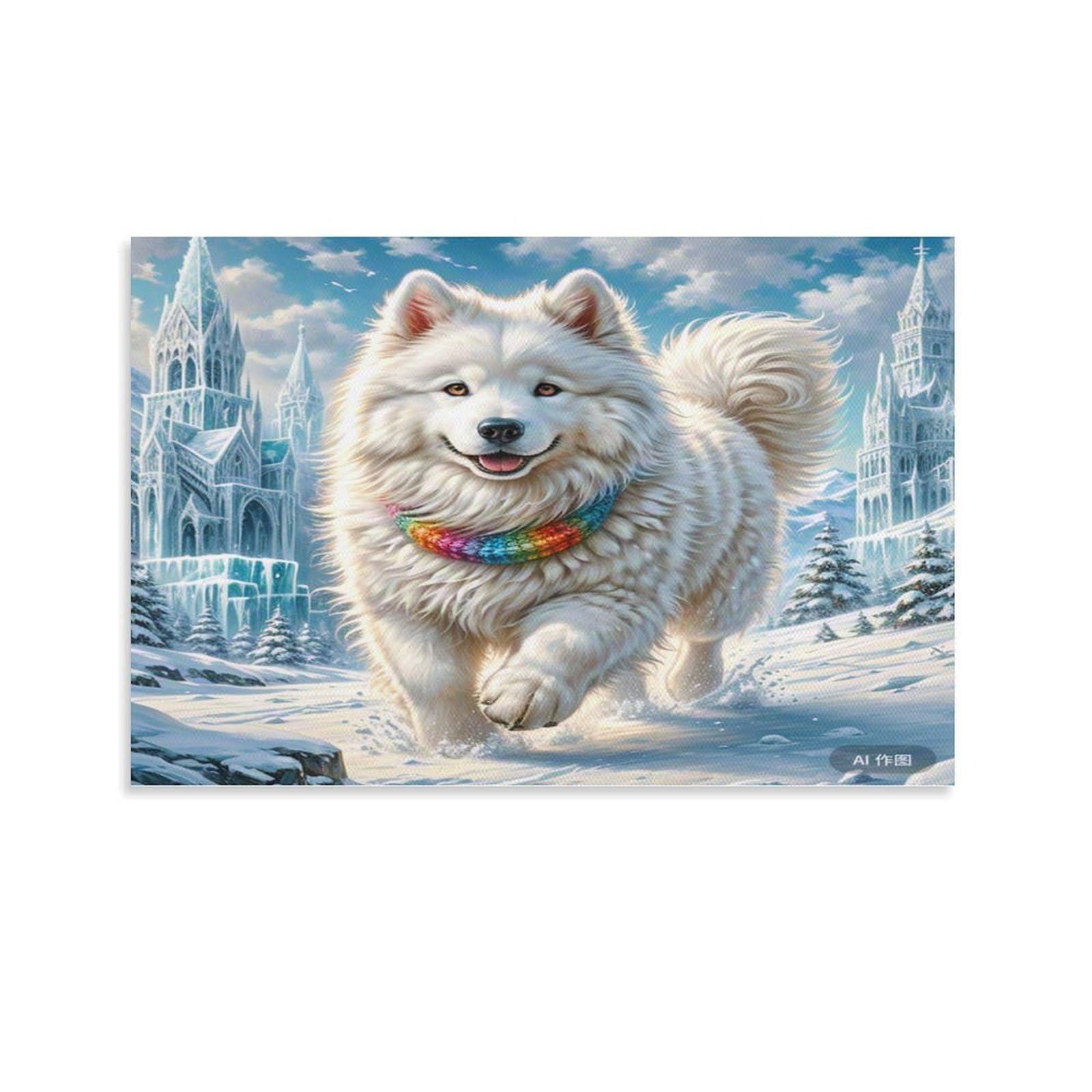CPLVKWRQJ Snowy Samoyed Running Amid Ice Castles Individual Fluffy Samoyed Running Icy Castle Valley Wall Art Decor - Office Wall Focal Art Multi-Purpose Fade Resistant Decor 24x36inch(60x90cm)