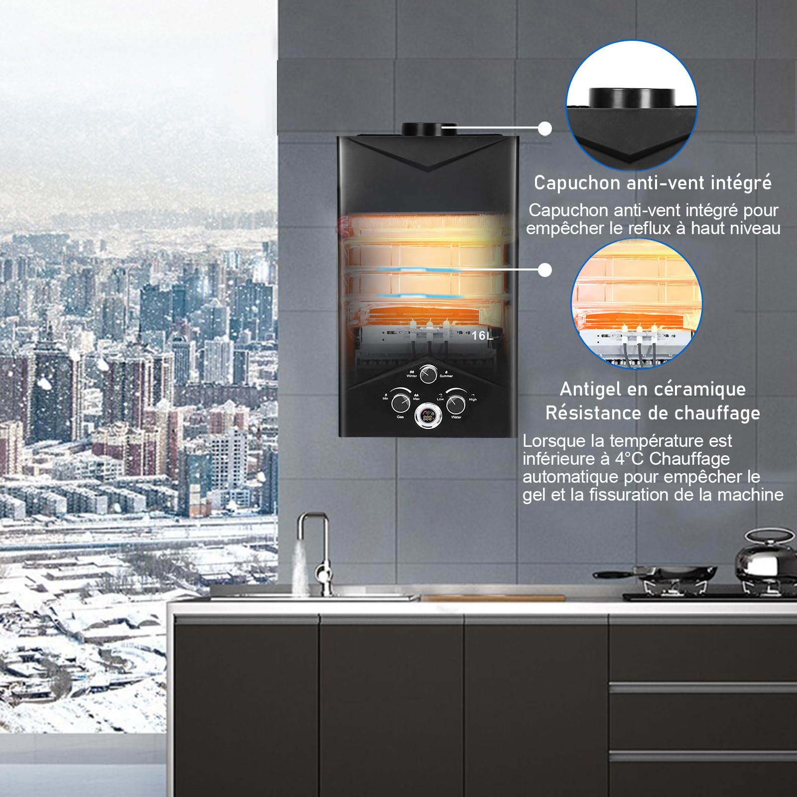 Chauffe-Eau à Gaz 16L Portable avec Affichage Numérique | Chauffe-Eau Instantané au Gaz Propane pour Camping, Douche Extérieure, Caravane et Intérieur | Chauffage d’Eau Sans Électricité