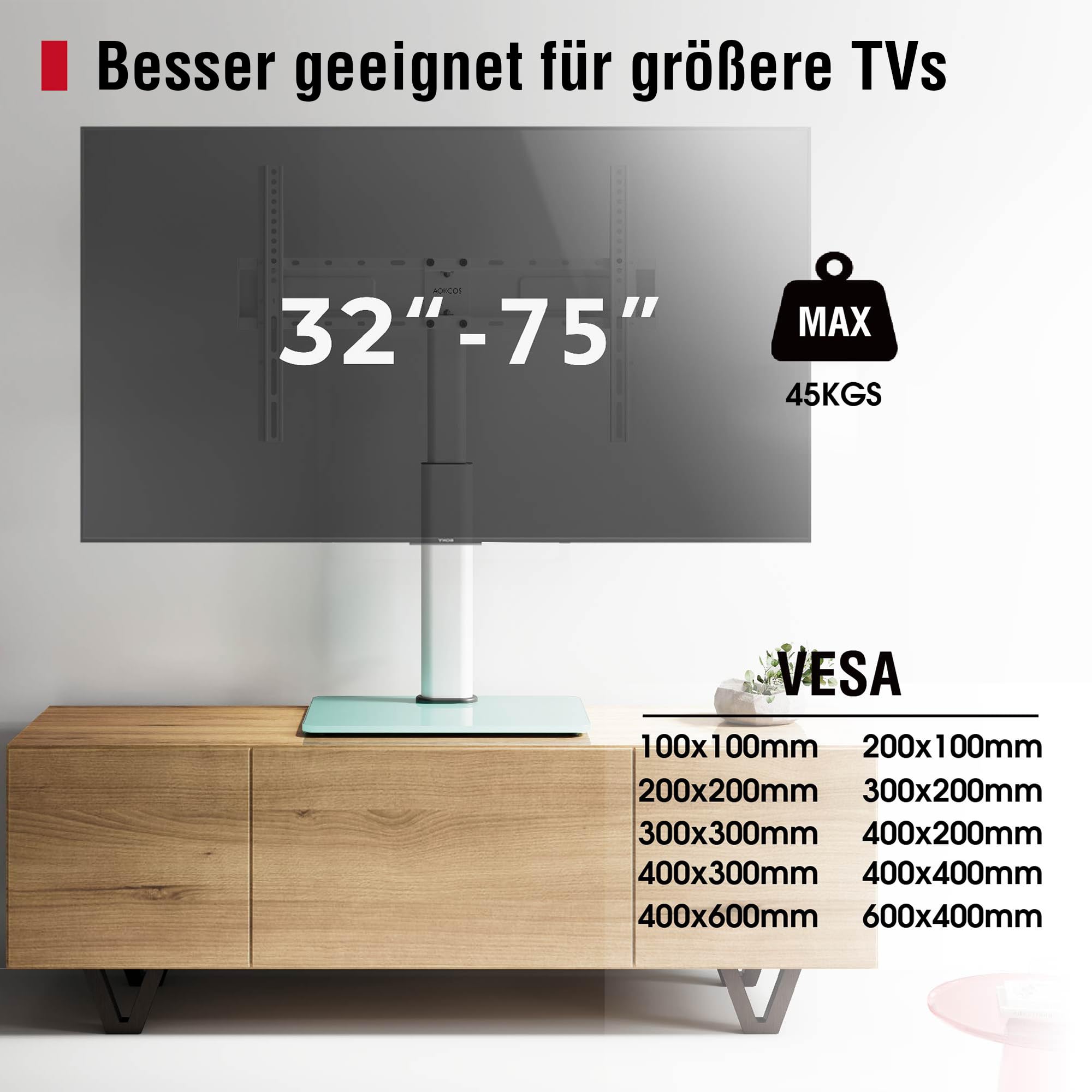 AOKCOS TV Standfuss TV Ständer Höhe 900mm für 32-55 65 75 Zoll Fernseher, Neigbar Schwenkbar Höhenverstellbar Fernsehständer, Universal TV Standfüße Standfuss Max VESA 600x400mm 45KG (Weiß)