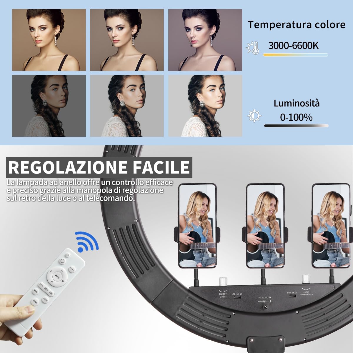 Lampada ad Anello da 25 Pollici con Supporto per Telefono, Braccio Triangolare Regolabile e Montaggio a Parete per Illuminazione Fotografica, Live Streaming, Salone, Estetica, Parrucchiere