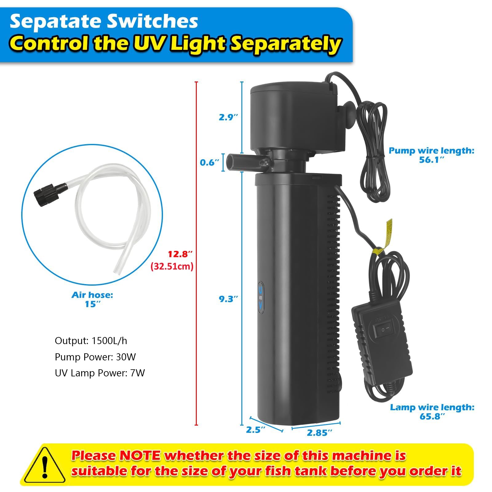Filtre d'aquarium pour Bassins de 150-560 litres, 7W Anti-algues Clarificateur U-V Filtre Intérieur 1500L/h Pompe Submersible pour Aquariums d'eau Douce et D'eau Salée Cristal Clair Destructeur D'algu