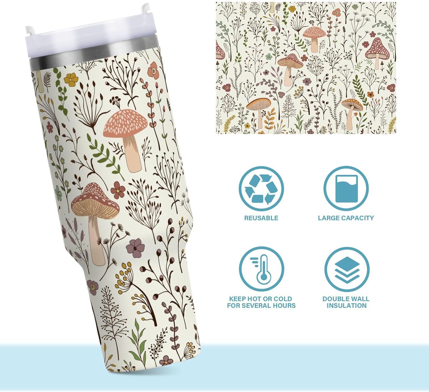 40 oz Tumbler with Straw & Handle - 2 in 1 Lids Leak Proof Tumblers - Large Insulated Stainless Steel Cup - BPA-Free Water Bottle Travel Metal Mug for Women Man, Cute Boho Mushroom Botanical Mushrooms