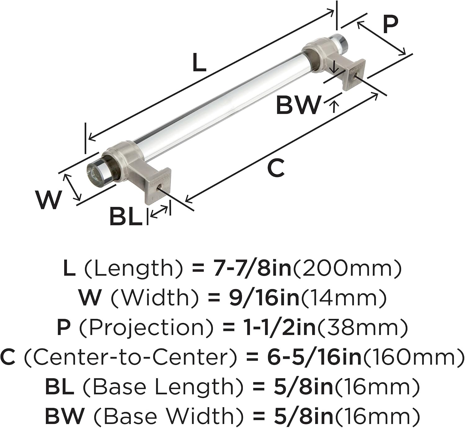 Amerock | Cabinet Pull | Clear/Satin Nickel | 6-5/16 inch (160 mm) Center to Center | Glacio | 1 Pack | Drawer Pull | Drawer Handle | Cabinet Hardware