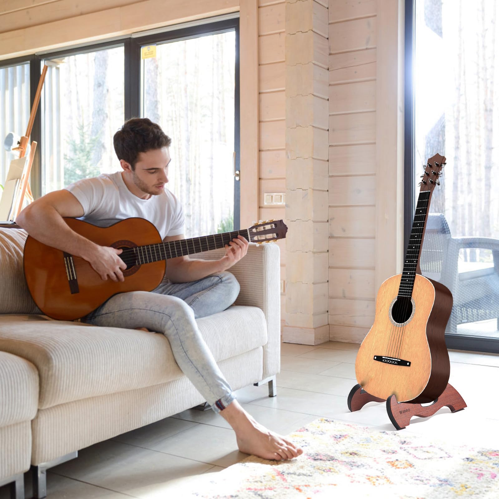 WINGO Soporte de madera para guitarra, portátil, plegable, con marco en A, para guitarras acústicas, eléctricas, clásicas, con goma antideslizante, totalmente montado.