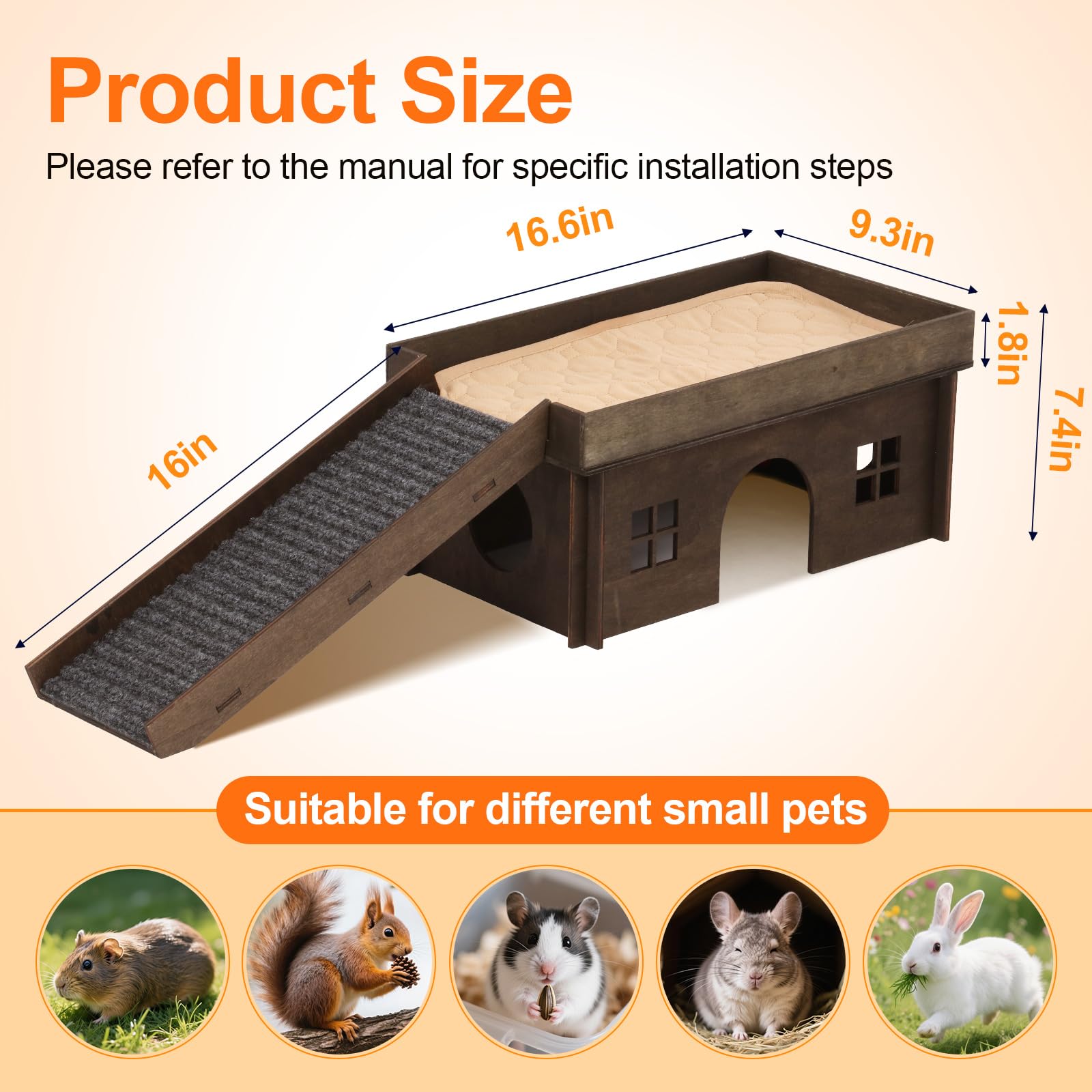 Großes Meerschweinchenversteck aus Holz mit Treppe, Hamsterhaus, Versteck für Kleintiere, Haustiere, geeignet für Chinchilla, Hamster und kleine Kaninchen, Hamsterhütte, Meerschweinchenversteck