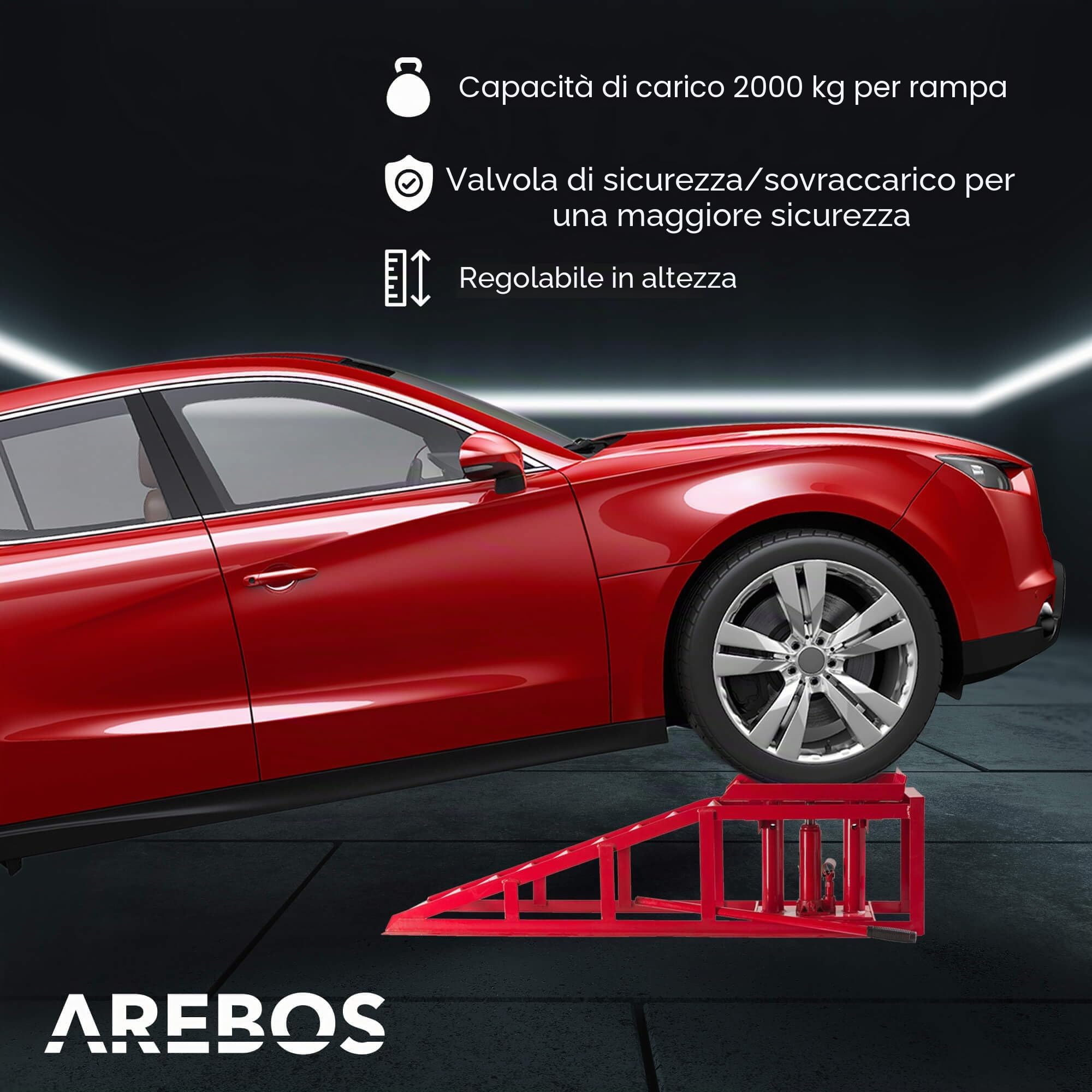 Arebos Rampa Sollevamento per Auto Veicolo | Rampe di carico |Pedane auto | Rampa per auto | 2T Jack | Martinetto Idraulico Regolabile