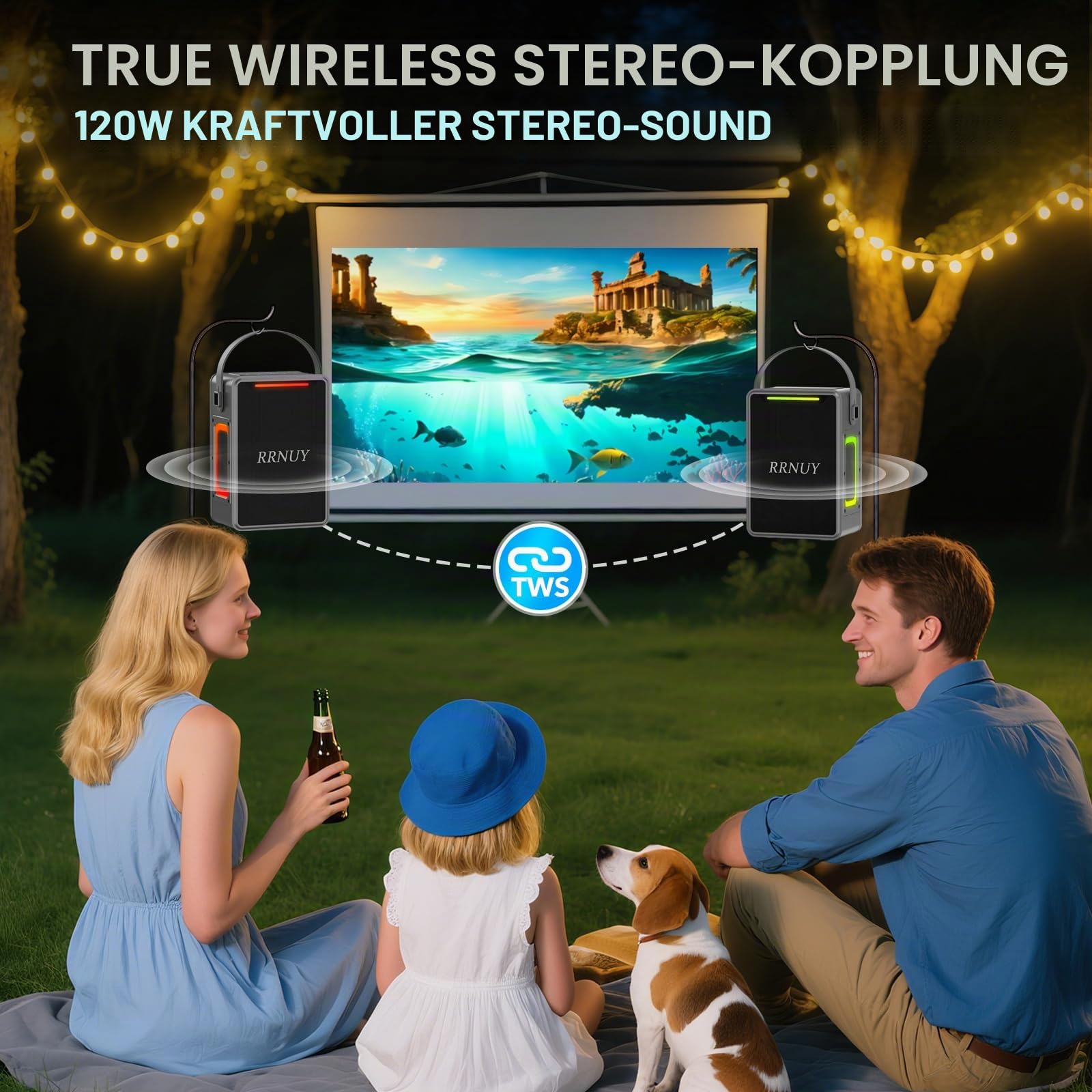 Tragbarer Bluetooth Lautsprecher 60W, IPX6 wasserdichter kabelloser Speaker mit kräftigem Bass, TWS Kopplung, DSP Stereo Sound, LED Licht – für Zuhause, Party, Camping, Strand (Schwarz, Schwarz)