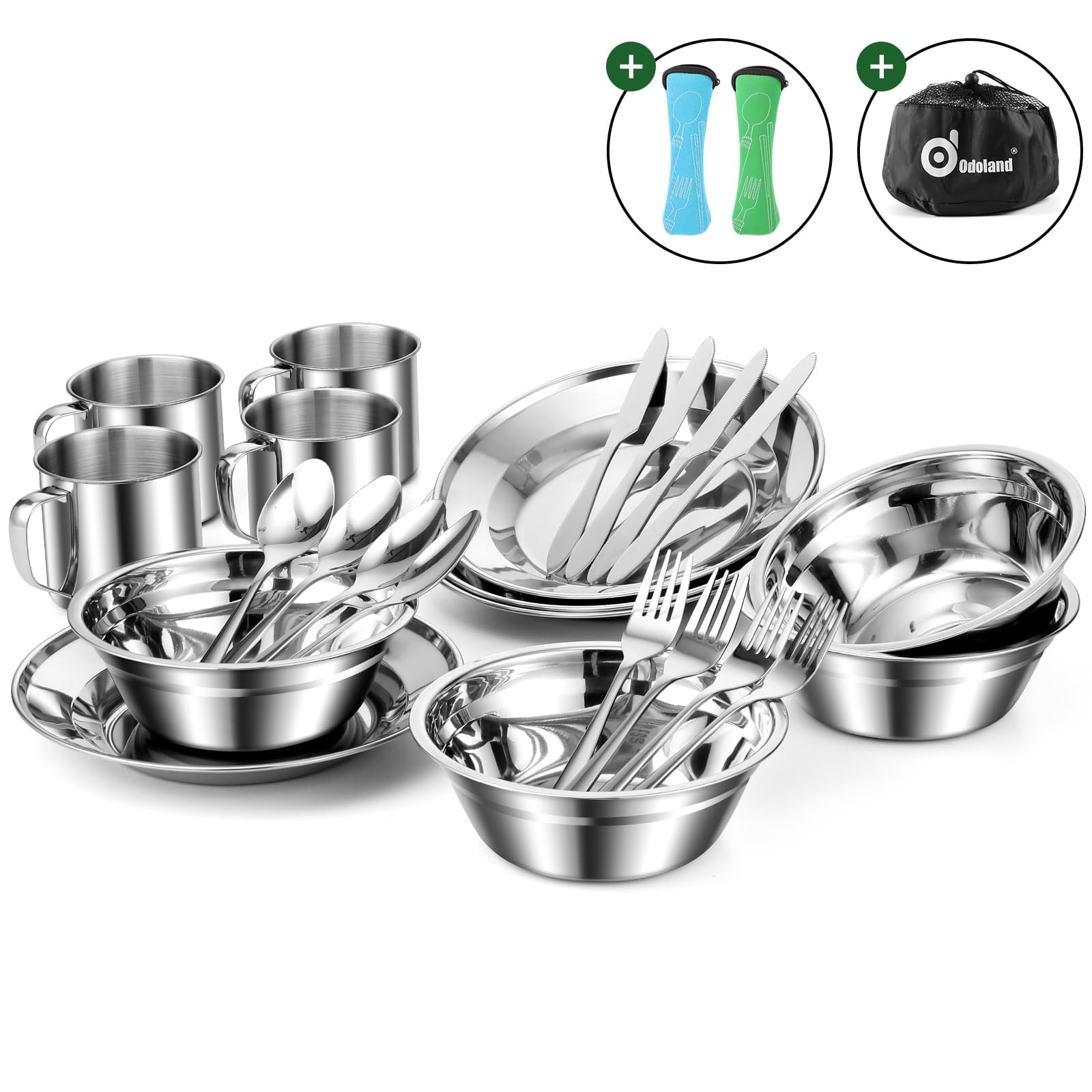 Odoland Set de Couverts Camping, Ustensiles et Bol Soucoupe INOX, Assiette Tasse Couteau Fourchette Cuillère Sac Rangement, Kit de Vaisselle Camping pour Famille et Amis Randonnée Pique-Nique Voyage