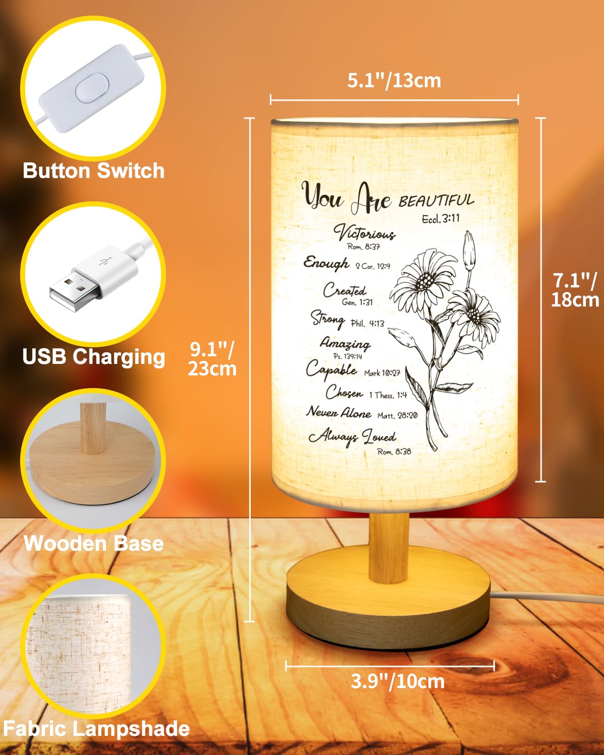 Christliche Tischlampe Mit Schriftversen – Leinenschirm, Holzfuß, Motivierendes Geschenk Für Frauen