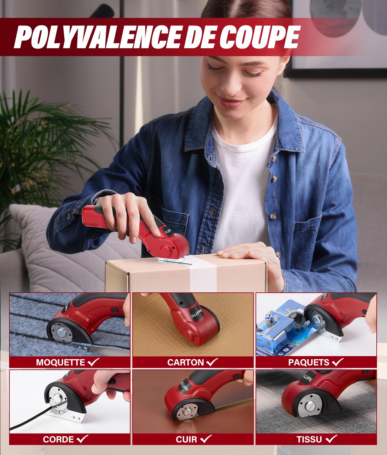 PAHTTO Cisaille électrique Coupe-carton 4 V, 320 tr/min, coupe-rouleau sans fil Coupe-tout universel avec 2 lames auto-affûtantes et chargeur, pour papier, carton, moquette, cuir, tissu (rouge)