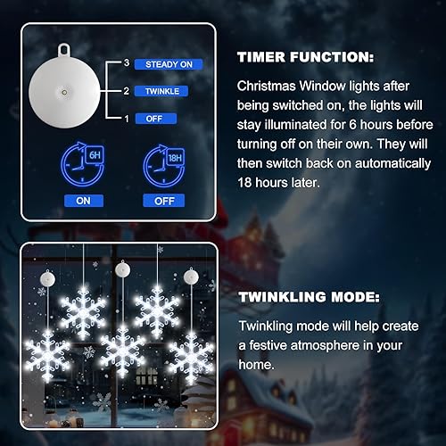 Miniatura 2 de Paquete de 5 luces de Navidad para ventana con temporizador, funciona con pilas, luces blancas iluminadas con forma de copo de nieve LED para árbol