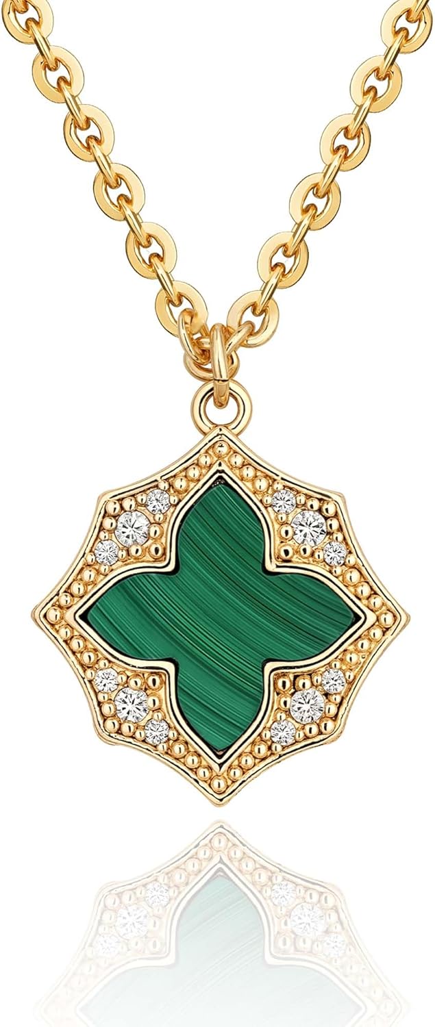 Fettero Necklaces for Women Trendy 14K Gold Plated Charm Necklace Green Malachite Heart Coin Butterfly Cross Clover Pendant Dainty Gold Necklace for Women Jewelry