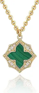 Fettero Necklaces for Women Trendy 14K Gold Plated Charm Necklace Green Malachite Heart Coin Butterfly Cross Clover Pendant Dainty Gold Necklace for Women Jewelry