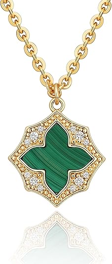 Fettero Necklaces for Women Trendy 14K Gold Plated Charm Necklace Green Malachite Heart Coin Butterfly Cross Clover Pendant Dainty Gold Necklace for Women Jewelry