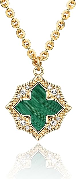 Fettero Necklaces for Women Trendy 14K Gold Plated Charm Necklace Green Malachite Heart Coin Butterfly Cross Clover Pendant Dainty Gold Necklace for Women Jewelry