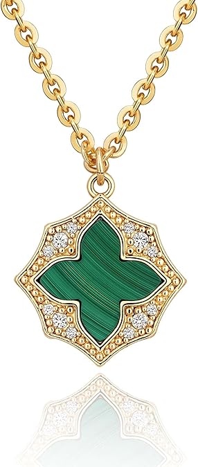 Fettero Necklaces for Women Trendy 14K Gold Plated Charm Necklace Green Malachite Heart Coin Butterfly Cross Clover Pendant Dainty Gold Necklace for Women Jewelry