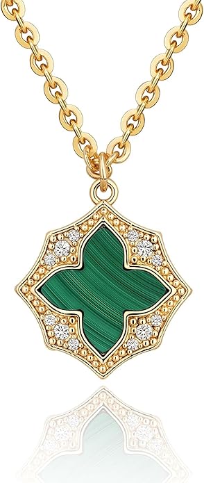 Fettero Necklaces for Women Trendy 14K Gold Plated Charm Necklace Green Malachite Heart Coin Butterfly Cross Clover Pendant Dainty Gold Necklace for Women Jewelry