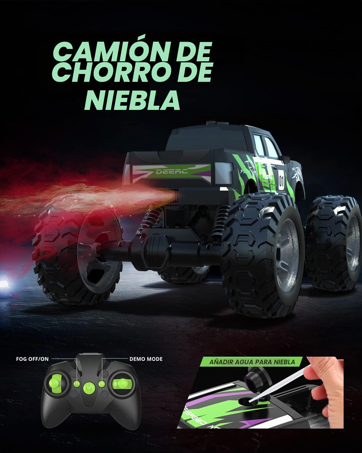 DEERC DE44 1:16 Escala Monster Truck con niebla de niebla, motores duales todoterreno RC coche, 4WD Rock Crawler con luces LED, juego de 70 minutos, vehículo de juguete para niños y adultos