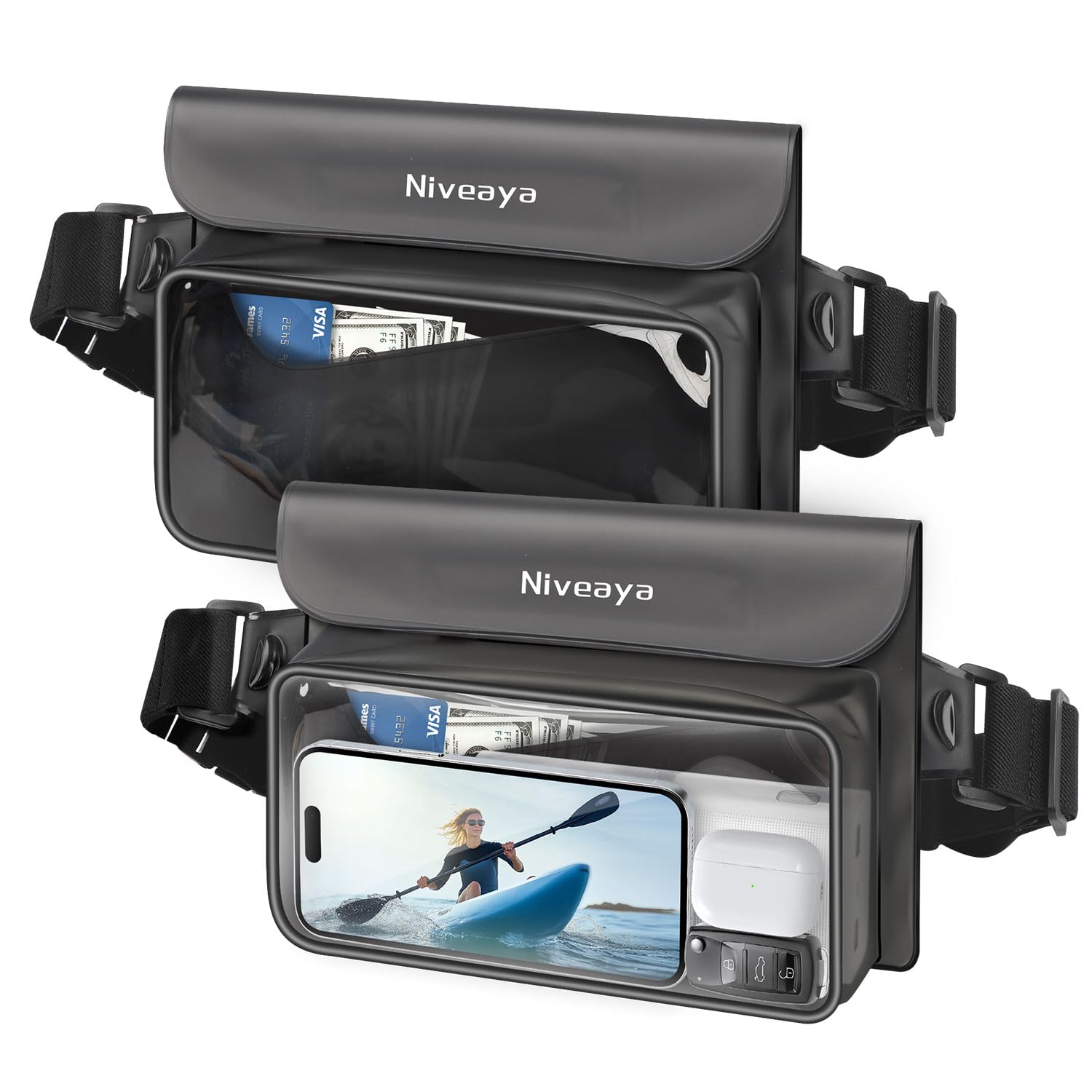 Niveaya IP68 Waterproof Fanny Pack - 2 Pack, Floating Dry Bag Pouch, Phone Waterproof Waist Pouch Dry Bag, Beach, Kayaking, Swimming, Boat Essentials,