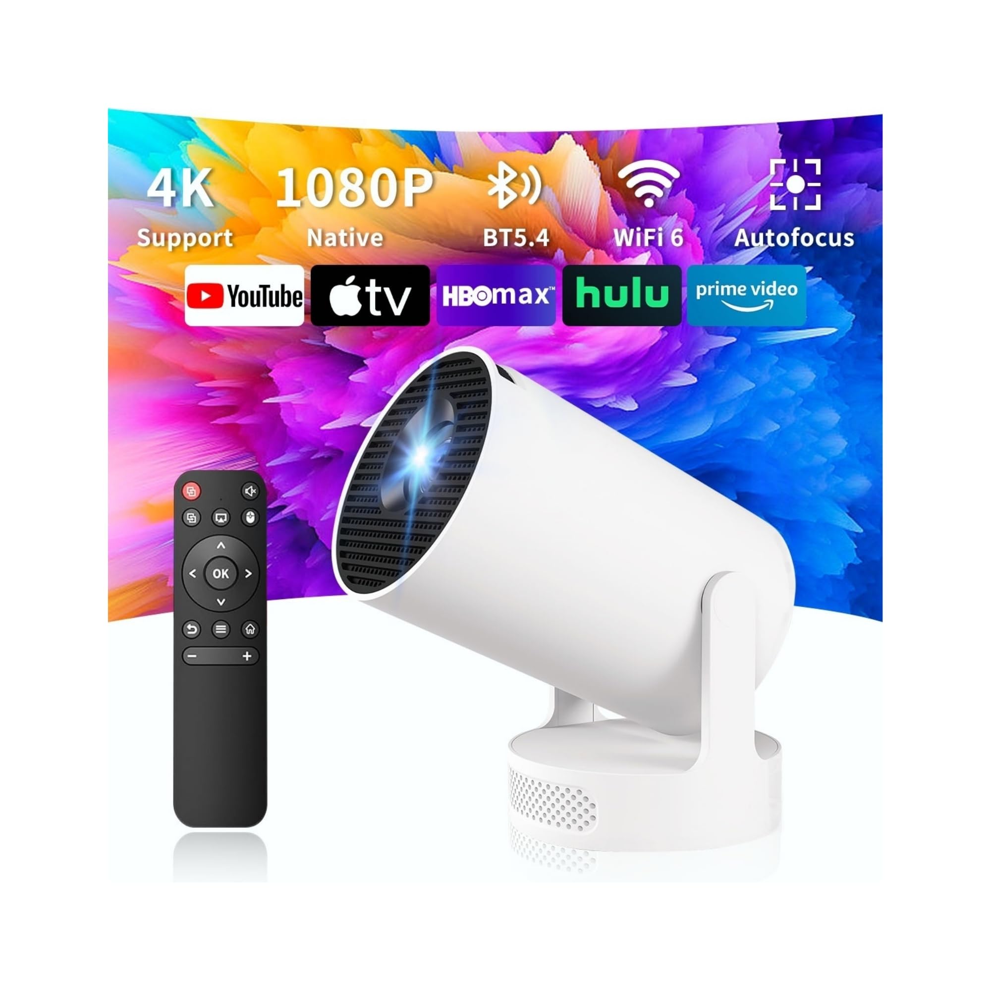 Proyector 4K, WiFi 6 y Bluetooth 5.4, 5W Altavoz Hi-Fi Externo, Mini Proyector Portátil, 180° Rotación, Corrección Trapezoidal Automática, Compatible con HD-MI/TV Stick/Memory Stick/Phone