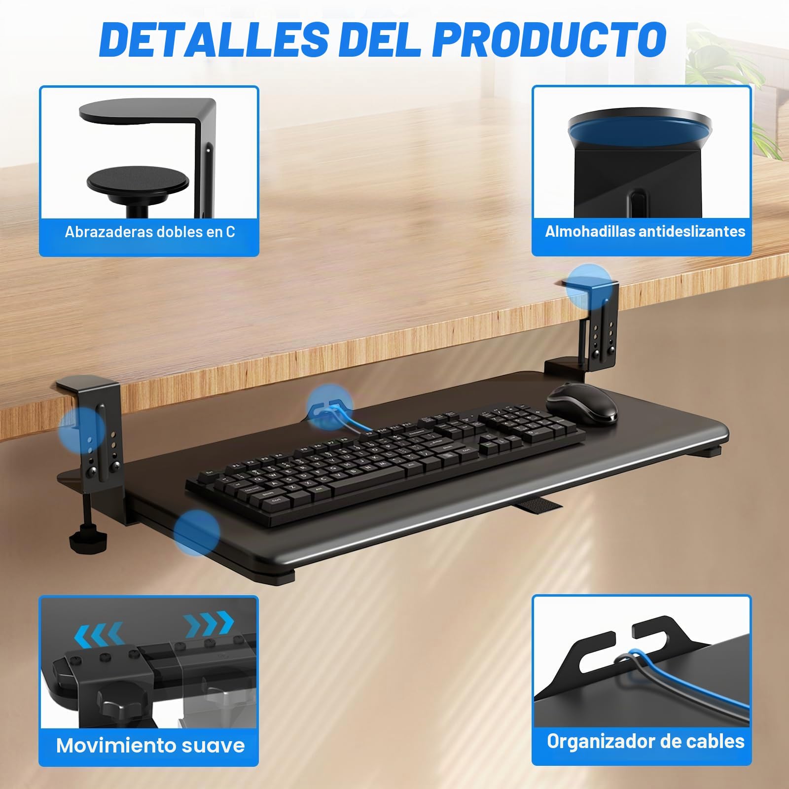 5Rcom Bandeja Teclado Bajo Mesa, Soporte Teclado Ordenador THK 8-50mm, Almacenamiento Multifuncional para Portátil, Bandeja Teclado de 650 x300 mm, Escribir, Hogar u Oficina (Negro)