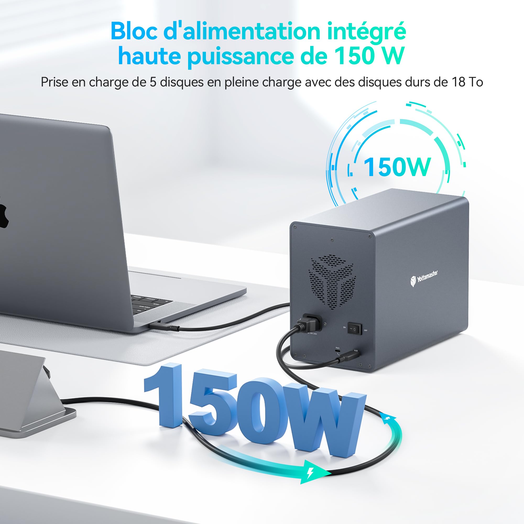 Yottamaster 10Gbps 5 Baies Boîtier Disque Dur, Daisy Chains Externe Type-C pour 2.5"/3.5" HDD/SSD Jusqu’à 5 × 24 to Expansion vers 2 Périphériques USB pour Une Capacité allant jusqu'à 360To