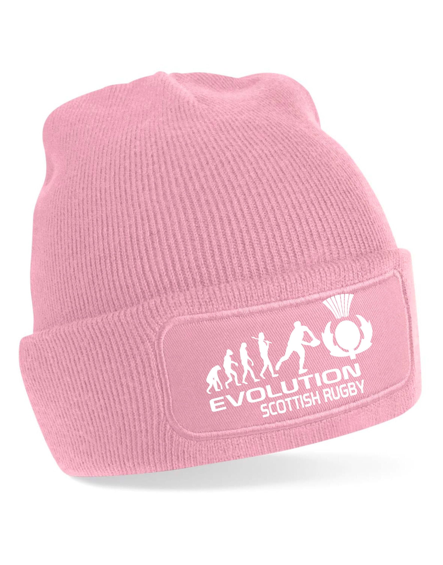 Print4U Evolution of Scottish Rugby Beanie Hat Gift for Rugby Fans Men & Ladies Pink